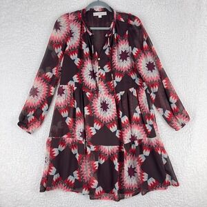 LOFT Brown Geometric Print Long Sleeve Dress Womens Pullover Lined V-Neck Size S